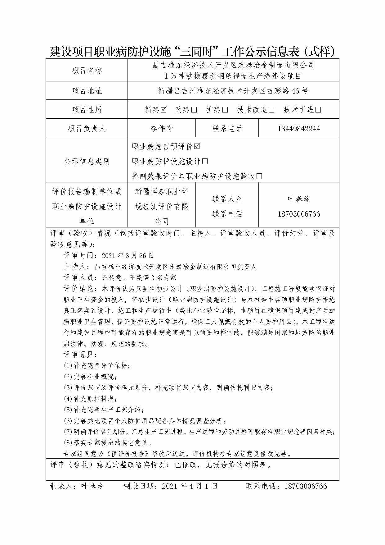 昌吉準(zhǔn)東經(jīng)濟(jì)技術(shù)開發(fā)區(qū)永泰冶金制造有限公司 1萬噸鐵模覆砂鋼球鑄造生產(chǎn)線建設(shè)項(xiàng)目職業(yè)病危害預(yù)評(píng)價(jià)